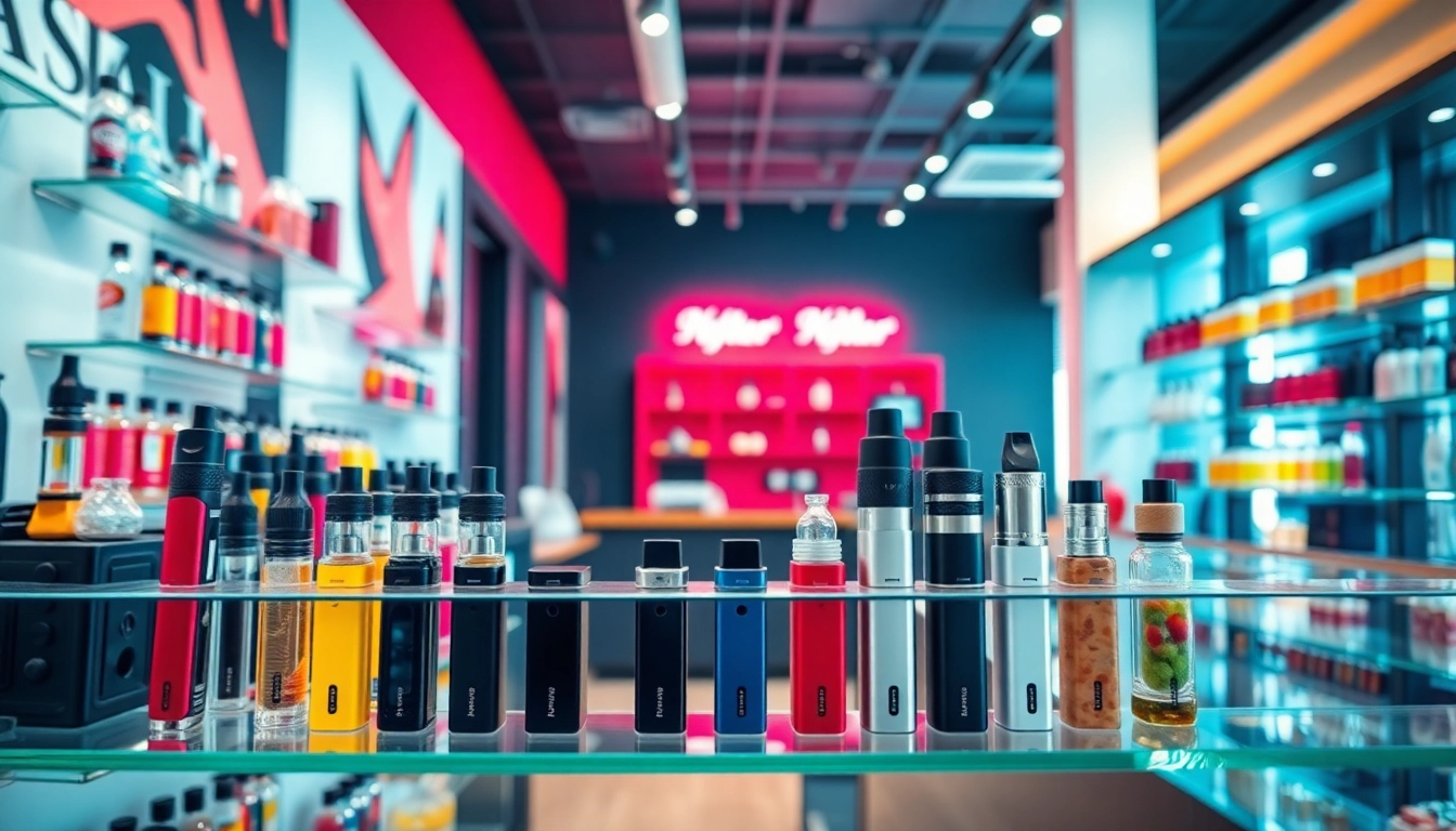 Vape store showcasing hqd surv devices and vibrant e-liquids in a trendy setting.