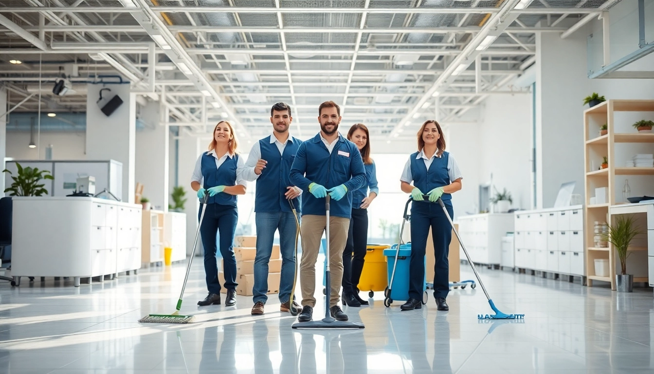 Efficient Gebäudereinigung Ulm Team cleaning a commercial space with modern equipment