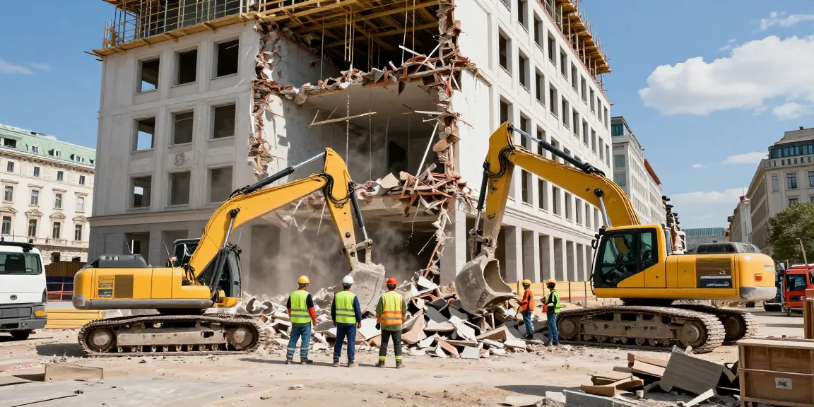 Professionelle Abbrucharbeiten in Wien mit Arbeitern und Maschinen.