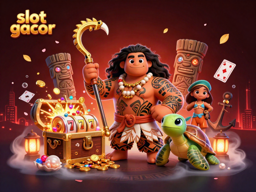 Experience the thrill of slot gacor with a vibrant illustration featuring a magical Polynesian demigod and engaging game elements.