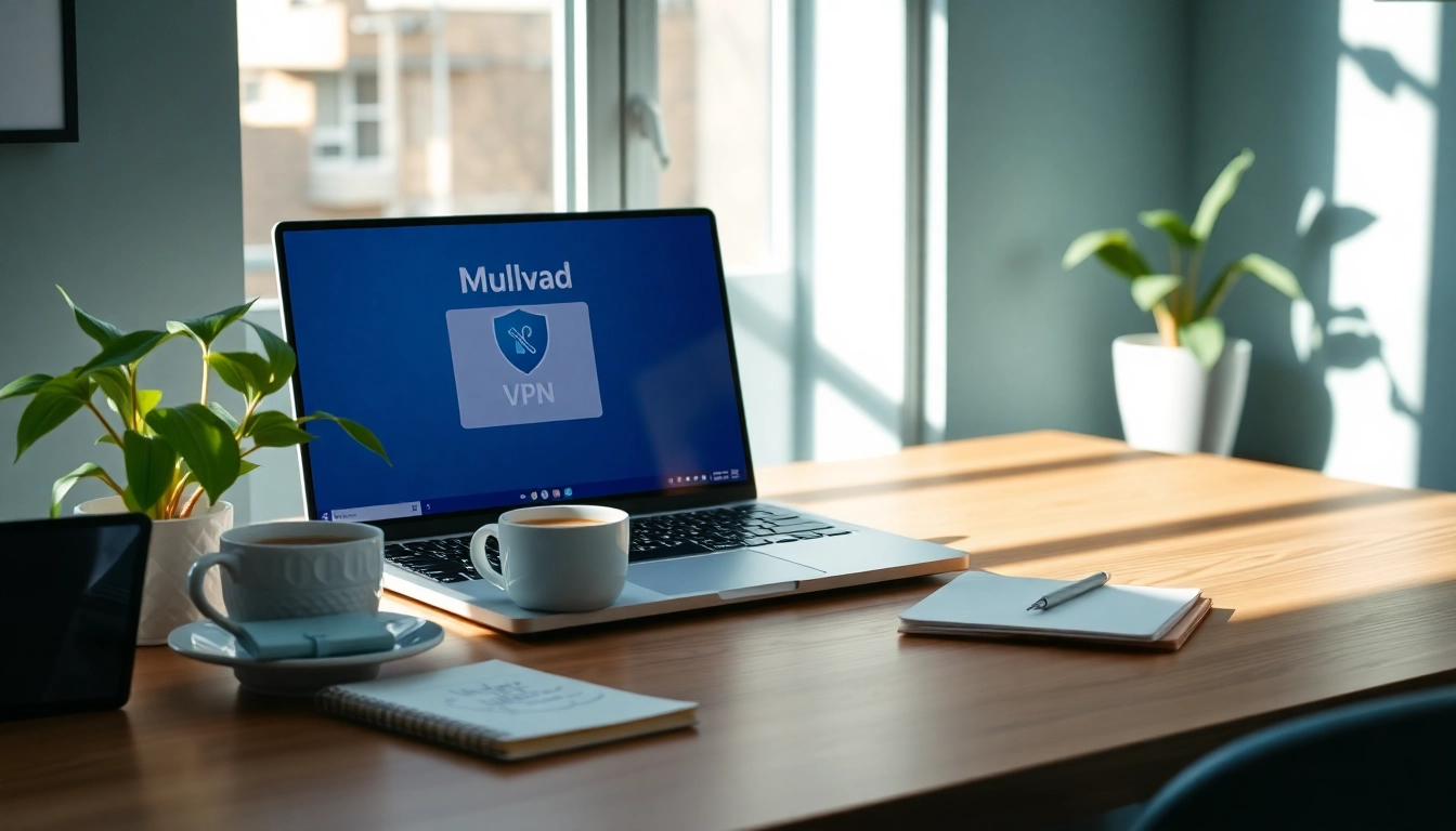 Mullvad VPN interface displayed on a sleek laptop in a modern workspace, emphasizing cybersecurity and privacy.