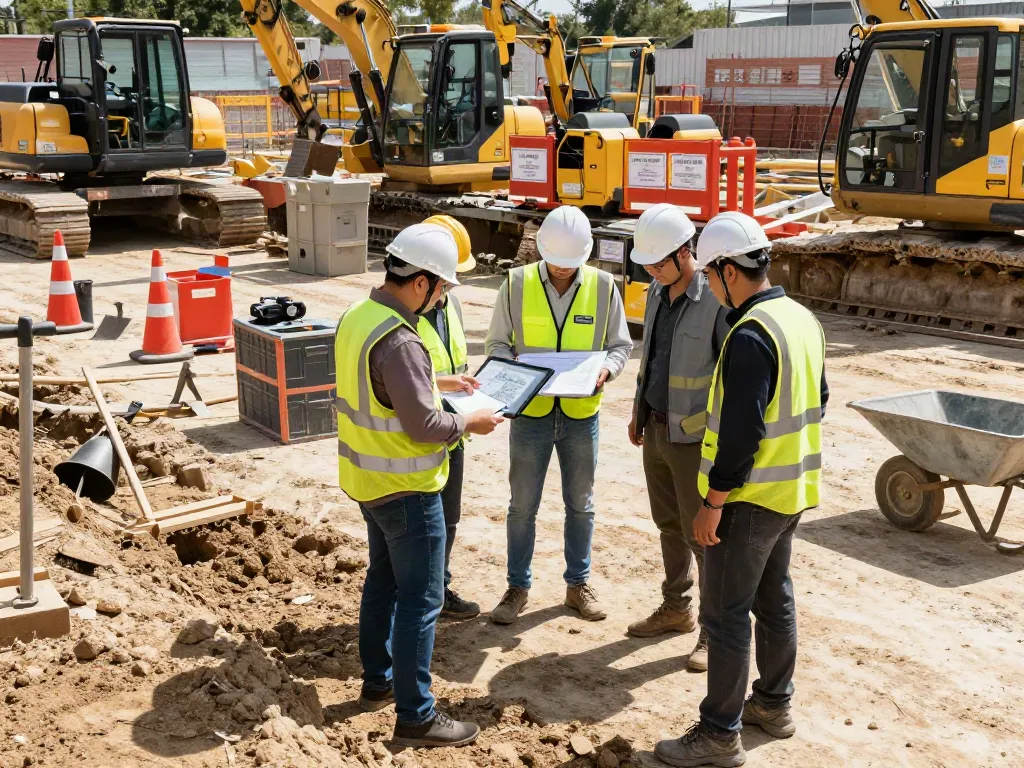 Baugrubensicherungskostenanalysen auf Baustelle mit Ingenieuren und Maschinen.