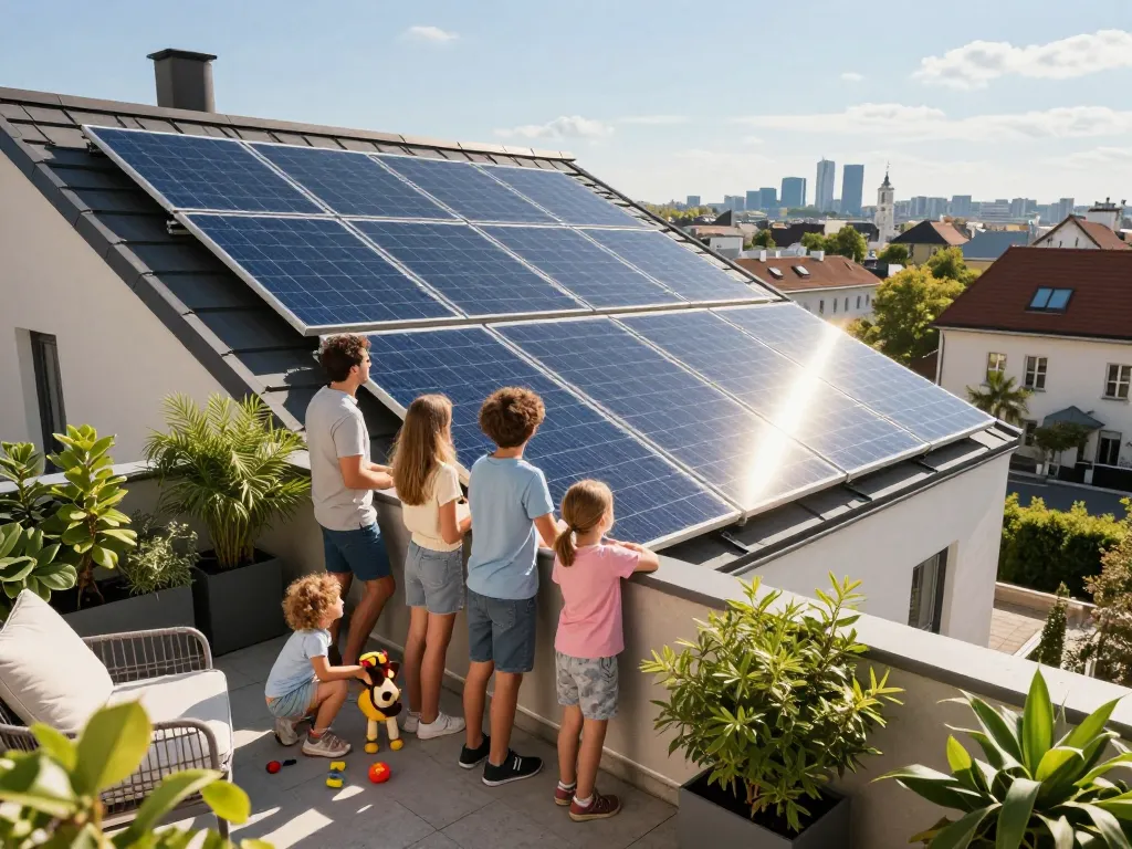 Glückliche Familie, die ihr Photovoltaiksystem Solar Wien auf dem Balkon genießt und nachhaltiges Leben demonstriert.