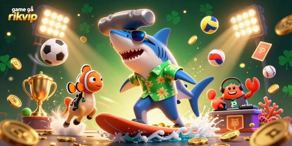 Experience the excitement of game bài rikvip with a colorful 3D illustration showcasing dynamic casino elements and characters.