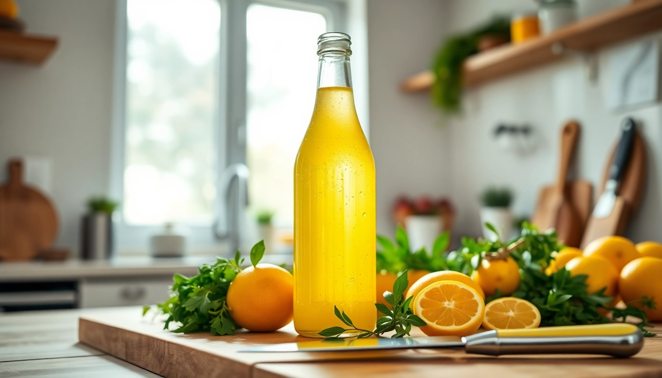 lemon bottle elegantly arranged with fresh fruits and herbs in a bright kitchen.
