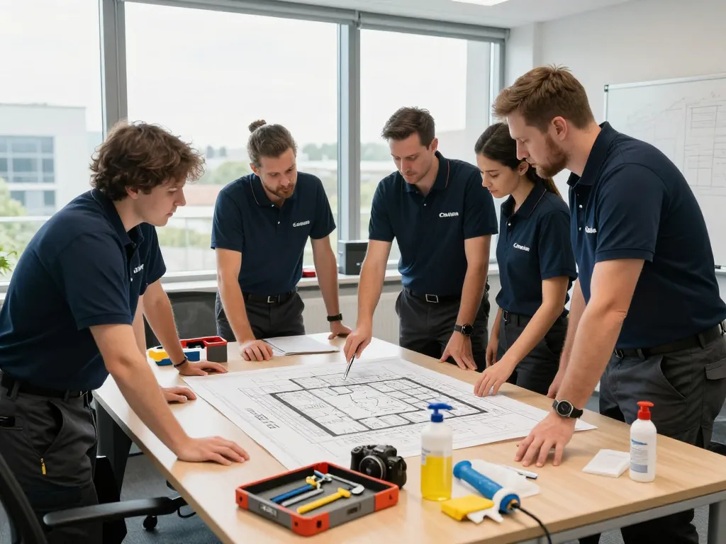 Gebäudeservice-Team in Münster arbeitet an einem Projekt mit Werkzeugen und Plänen.