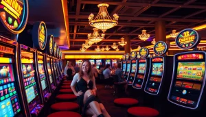 Erlebe casino ohne anmeldung mit Spielern in festlicher Casino-Atmosphäre an modernen Spielautomaten.