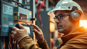 Techniker bei der DGUV V3 Prüfung elektrischer Anlagen, sorgfältig die Messgeräte überprüfend, sichere Arbeitsumgebung.