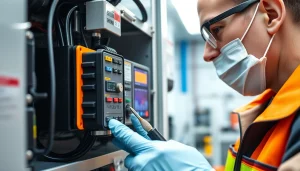 Technician conducting DGUV V3 Prüfung on electric devices with professional tools in a bright workshop.