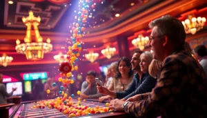 Erleben Sie die Spannung beim Plinko-Spielen mit einer farbenfrohen Stiftpyramide und jubilierenden Spielern in einem Casino.