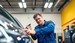 Mechaniker führt eine Hagelschaden Reparatur München durch und entfernt Dellen von einem Fahrzeug.