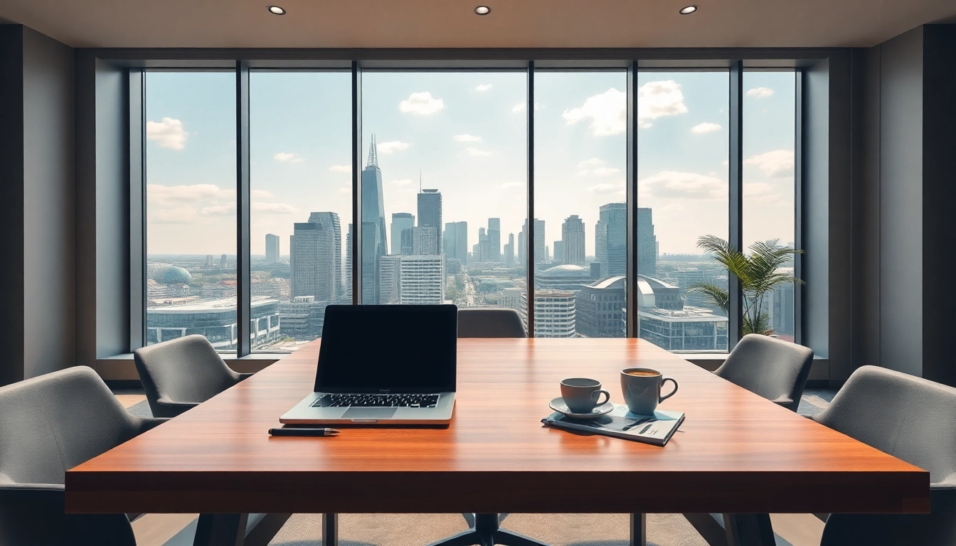Visuelle Darstellung eines modernen Büros in Frankfurt für Headhunter Frankfurt mit Laptop und Skyline-Hintergrund.
