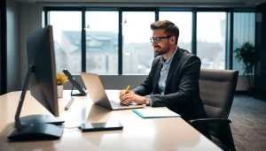 Headhunter Bochum im modernen Büro, der engagiert vor seinem Laptop arbeitet.