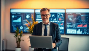 Headhunter Geschäftsführer bei der Arbeit in einem modernen Büro mit Präsentationen im Hintergrund.