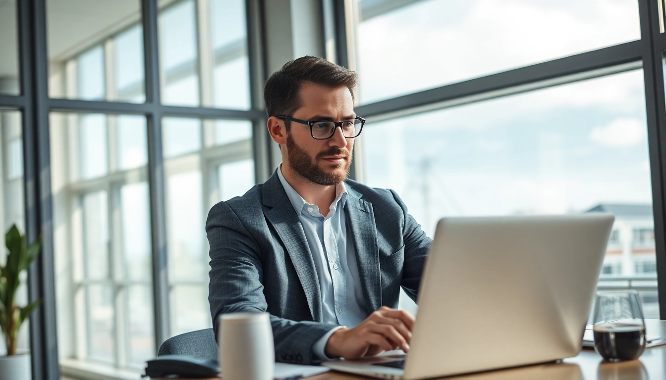 Headhunter Saarbrücken beim Arbeiten im modernen Büro, umgeben von Akten und Technologie.