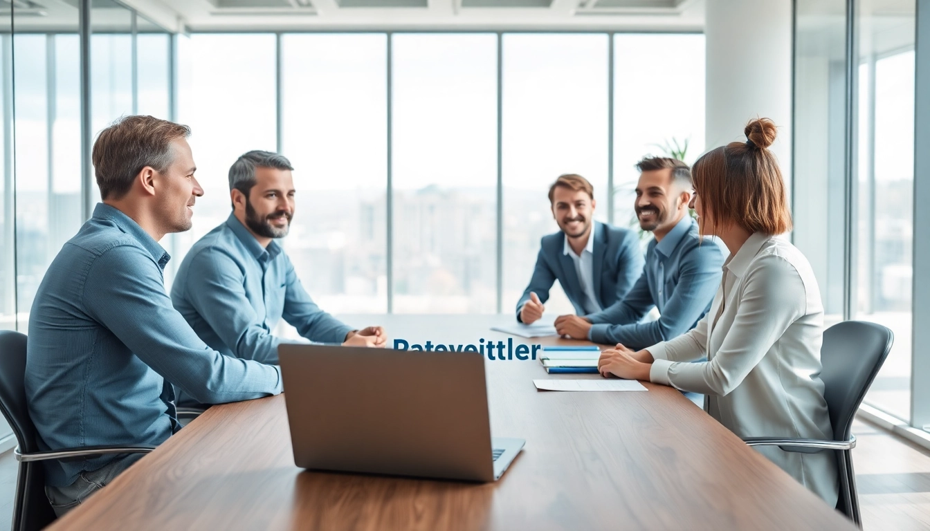 Personalvermittlung: Engagiertes Team von Personalvermittlern in einem modernen Büro bei der strategischen Besprechung.