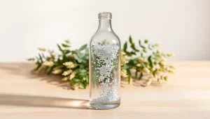 Kolloidales Silber kaufen: Elegantes Fläschchen mit reinem Silberwasser auf hellem Holz, das verführerisch leuchtet.