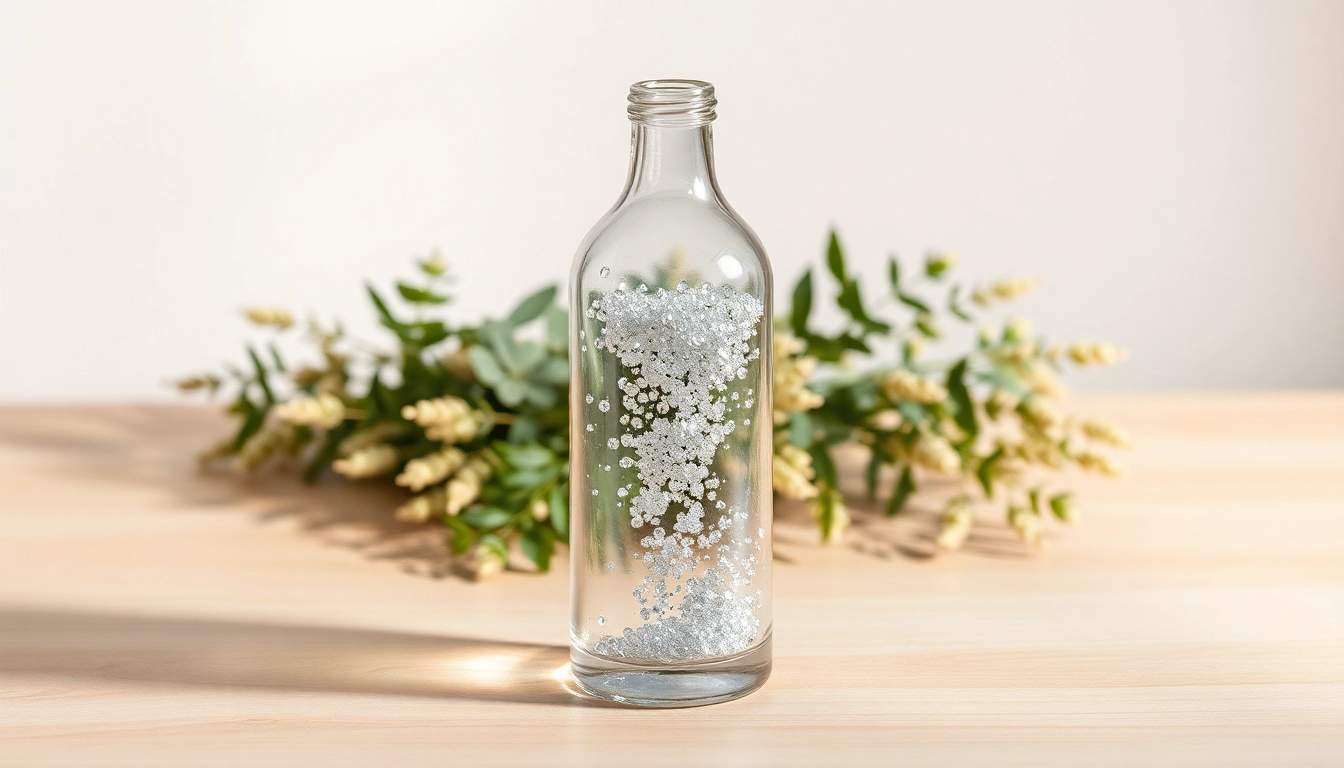 Kolloidales Silber kaufen: Elegantes Fläschchen mit reinem Silberwasser auf hellem Holz, das verführerisch leuchtet.