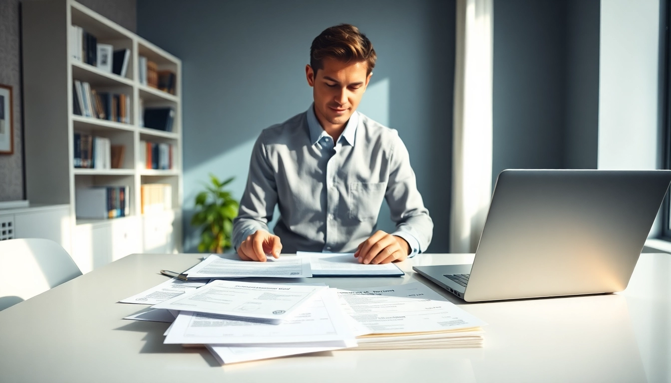 Professioneller zertifizierter Übersetzer prüft Dokumente für beglaubigte Übersetzungen in einem modernen Büro.