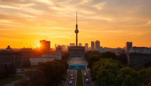 Erleben Sie die neuesten Berlin Nachrichten aktuell, während die Skyline der Stadt bei Sonnenuntergang leuchtet.