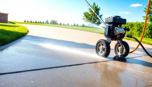 Driveway pressure wash in action, showcasing a clean concrete surface and modern power washing equipment.