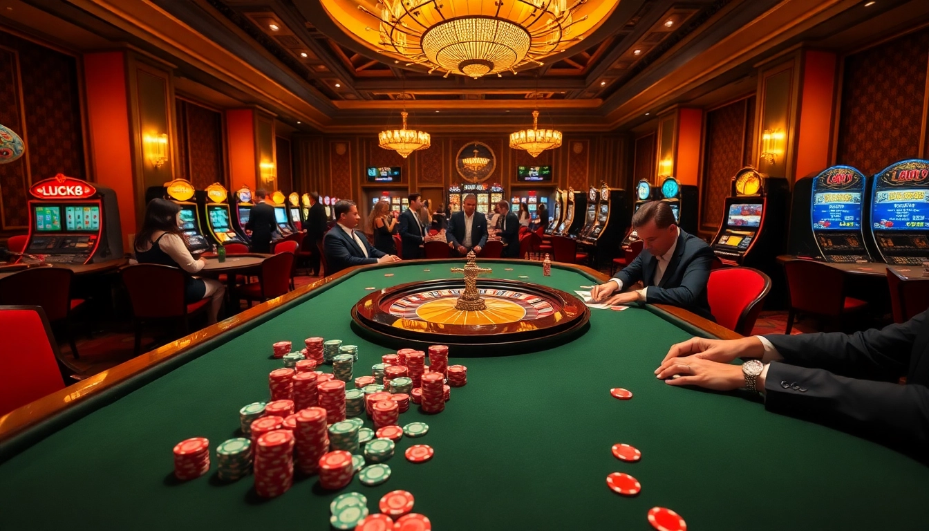 Người chơi đang tham gia một trò chơi casino LUCK8, được bao quanh bởi những chip sặc sỡ và bánh xe roulette.