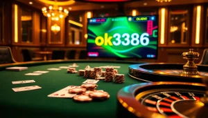 Engage in thrilling games at ok8386 casino with vibrant poker tables, digital interfaces, and luxurious ambiance.