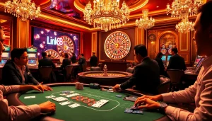 Experience thrilling gameplay as players engage with Link Go88 at an exclusive poker table in a vibrant casino.