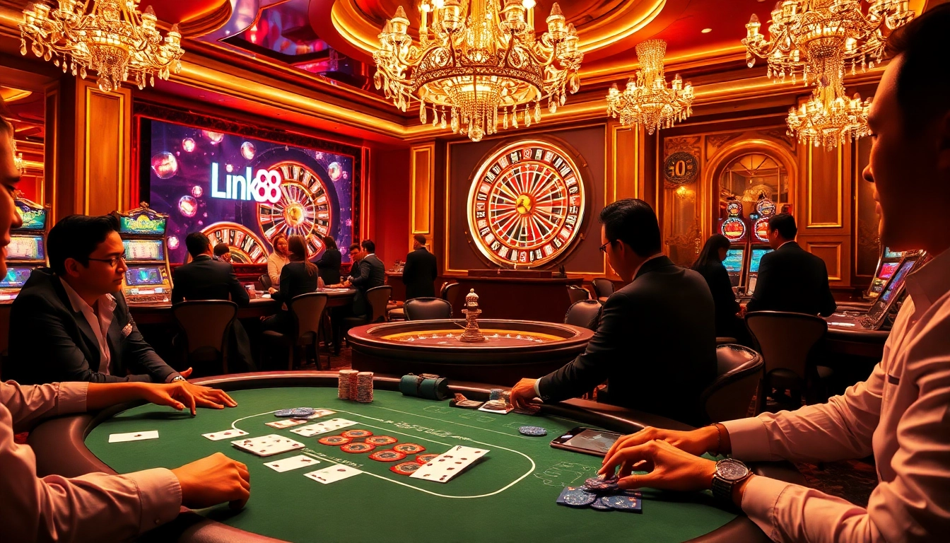 Experience thrilling gameplay as players engage with Link Go88 at an exclusive poker table in a vibrant casino.
