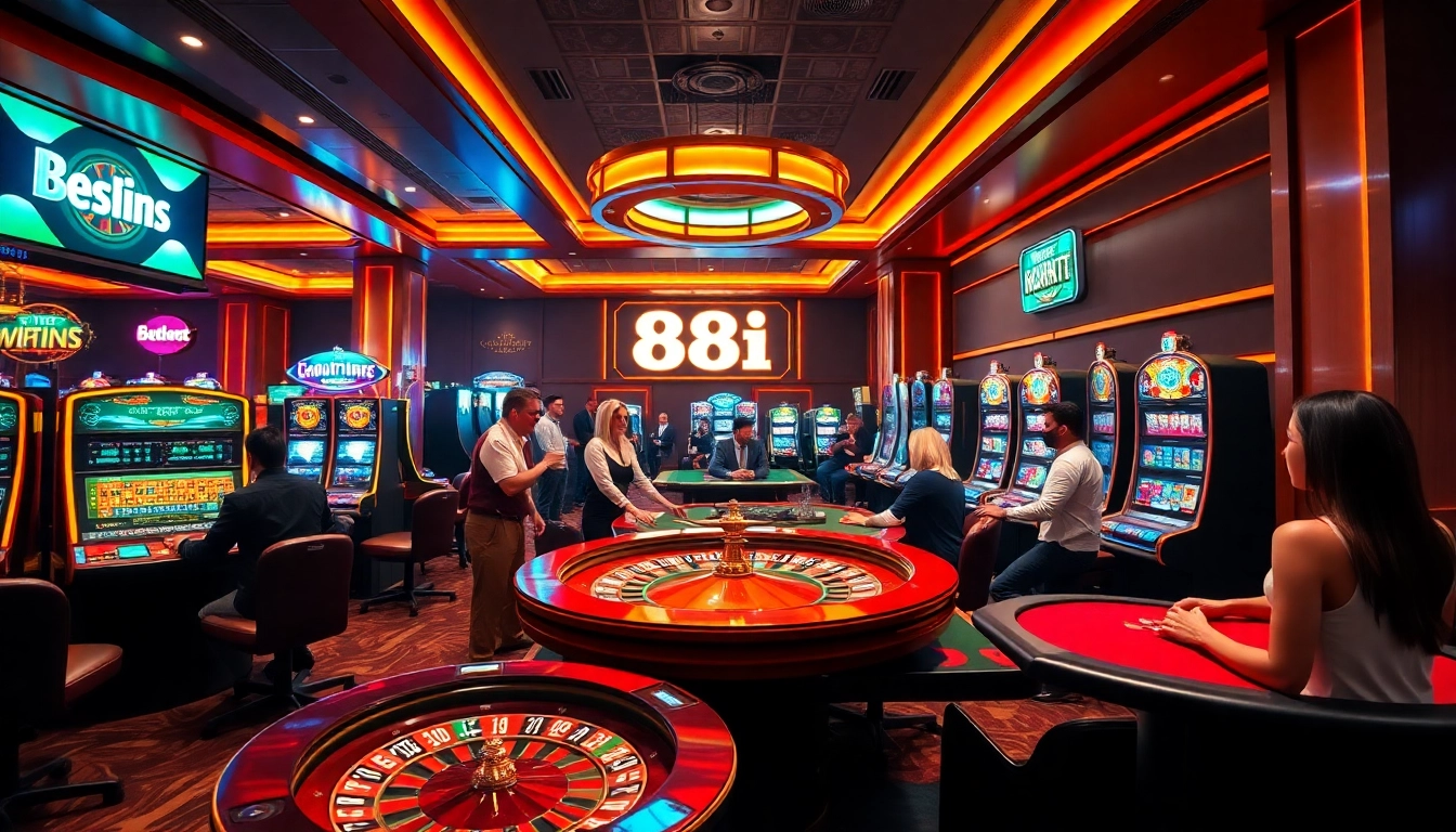 Engaging players enjoying the 88i game at a vibrant casino entrance with slot machines and roulette.