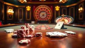 Experience high-stakes poker excitement at https://f8bet.ventures/, featuring vibrant chips and cards.