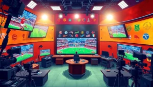 Engaging sports broadcasting studio showcasing dynamic live sports events and equipment.