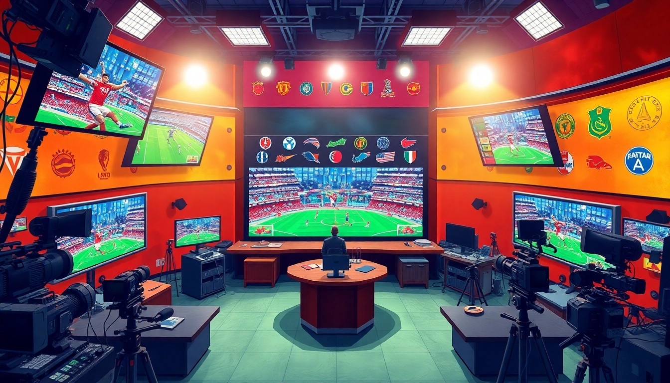 Engaging sports broadcasting studio showcasing dynamic live sports events and equipment.