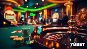 Players enjoying gambling at F8BET with vibrant poker chips and roulette tables.