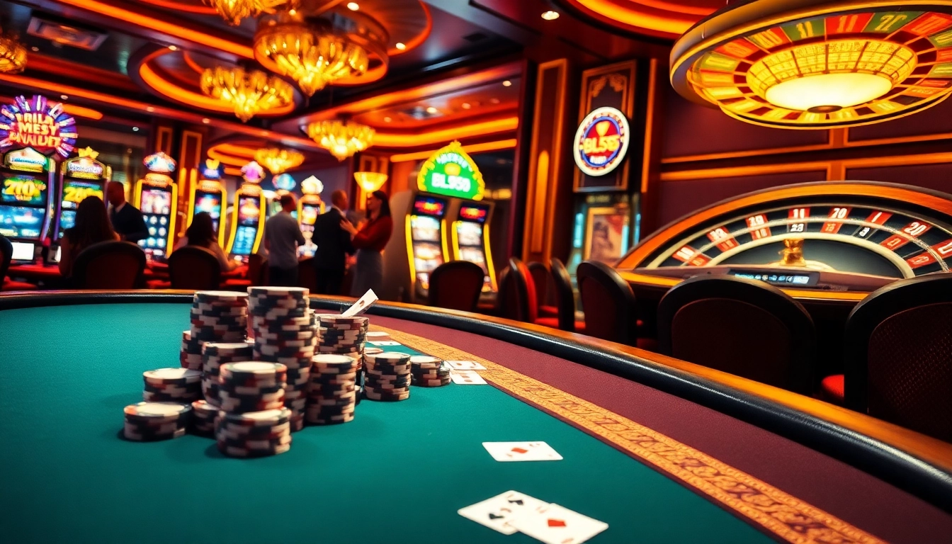 Experience the excitement of BL555 casino with vibrant poker tables and lively gaming elements.