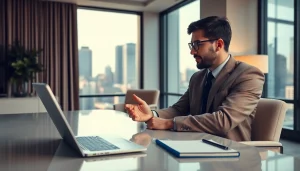 Headhunter Schweiz in video call, modern office with cityscape view, professional atmosphere.