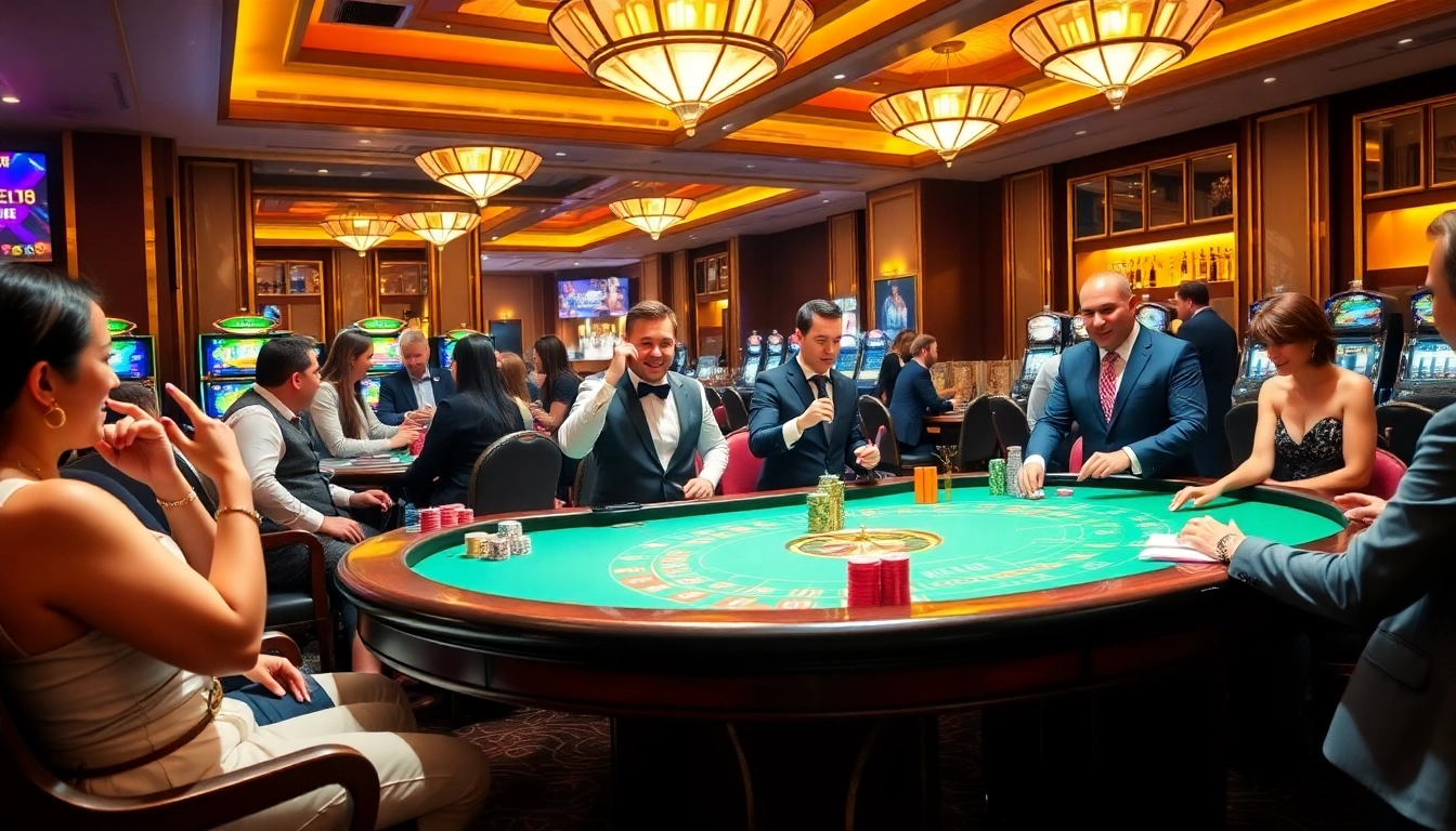 Engaging in thrilling games at QH88's luxurious casino, showcasing poker chips and roulette tables.