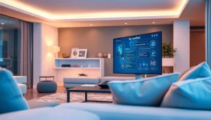 An interactive 18+ AI chatbot in a sophisticated living space, blending technology with modern comfort.