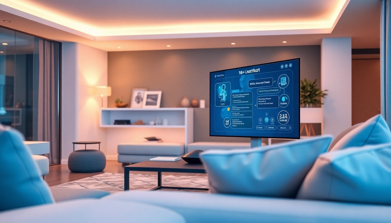 An interactive 18+ AI chatbot in a sophisticated living space, blending technology with modern comfort.