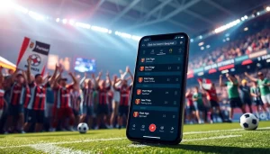 Engaging scene of trang cá cược bóng đá with fans, digital betting interface, and thrilling football match atmosphere.