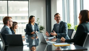 Headhunter Schweiz interagiert professionell mit Klienten in einem modernen Büro.