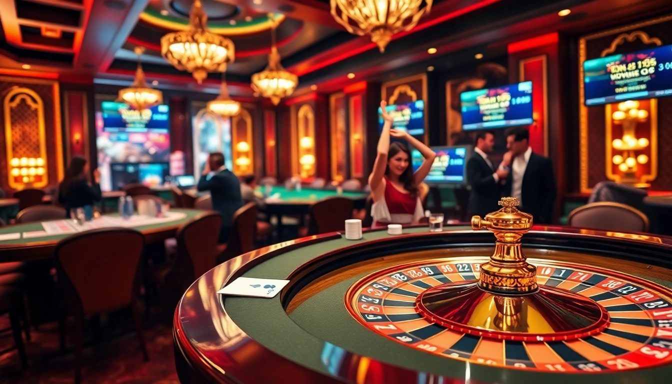 Players enjoy high-stakes gaming at a luxurious CM88 casino table, filled with chips and cards.