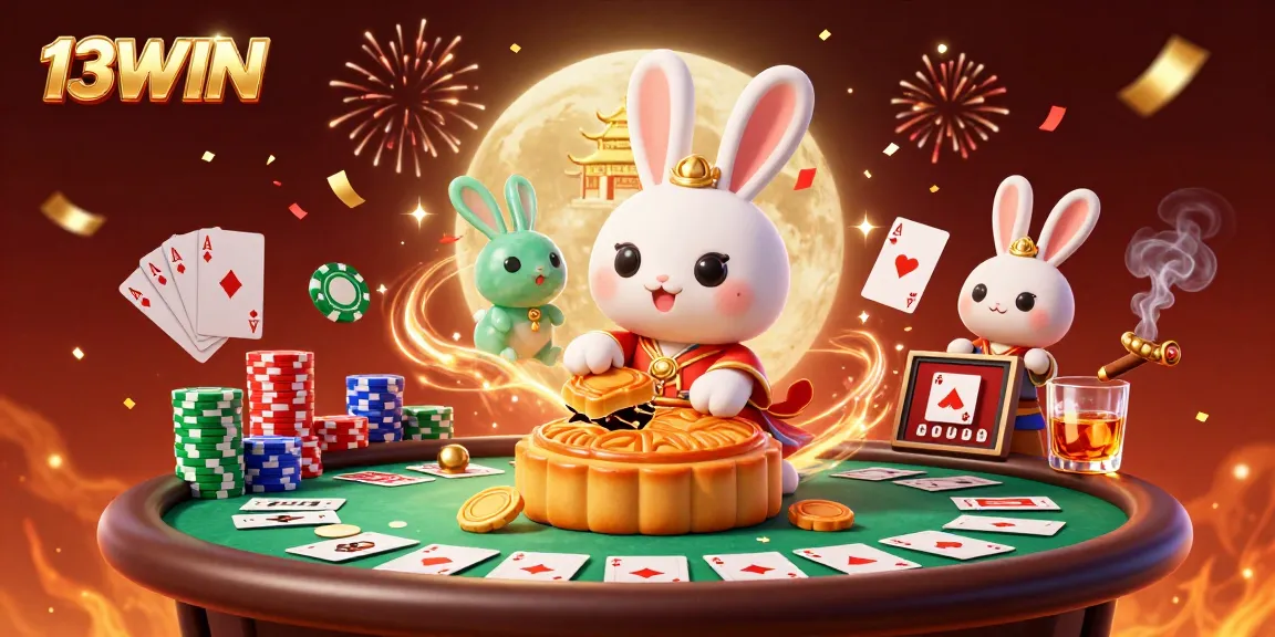 Join the adventure at 13WIN with festive poker chips and moon rabbits in this vibrant casino scene.