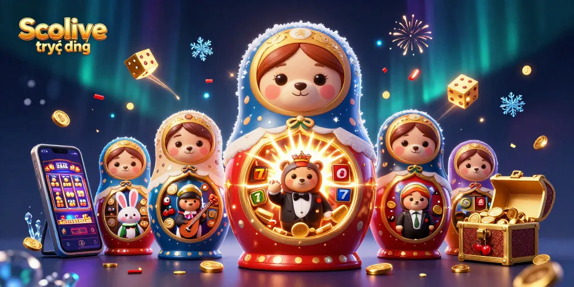 Socolive trực tiếp showcases a vibrant 3D casino scene with a Matryoshka bear and dynamic gaming elements.